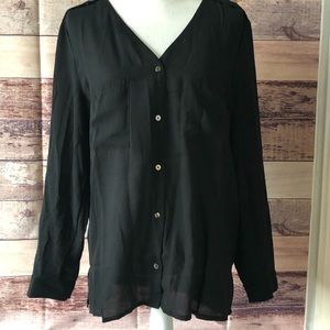 Black V-neck button up
